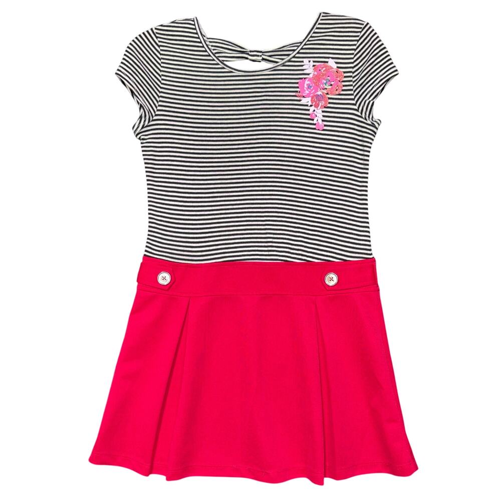 Basic Editions Girls T Shirt Dress Fit and Flare Striped Floral Pink Black White